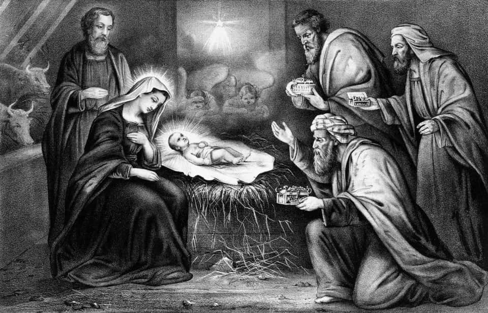 Natural Pharmaceuticals Movisan™ Collagen II A háromkirályok imádják a kis Jézust a szent család istállójában, angyalok és állatok körülöttük.