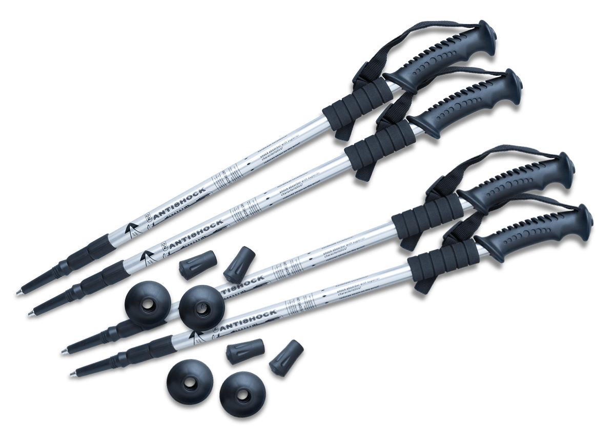 Natural Pharmaceuticals Movisan™ Collagen II Állítható alumínium túrabotok fekete markolattal, pánttal és levehető talpakkal hegymászáshoz és túrázáshoz.