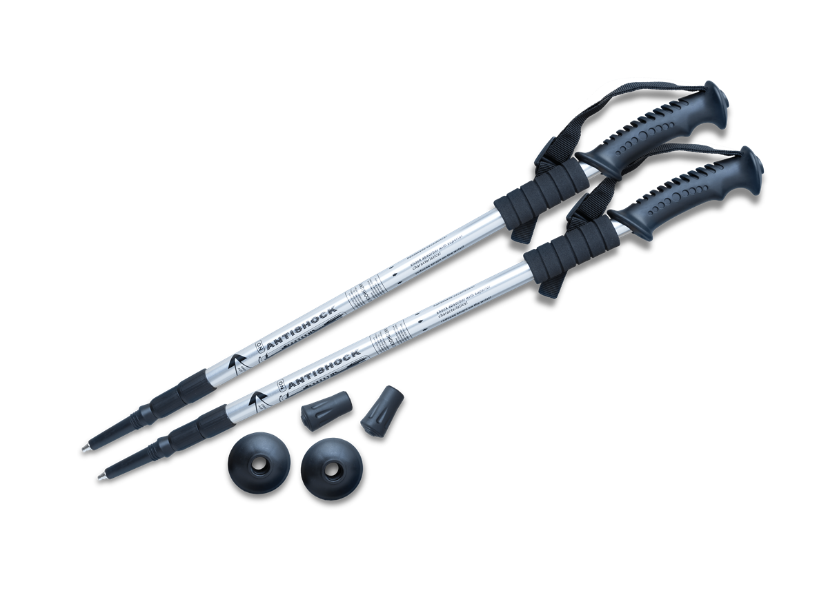 Natural Pharmaceuticals Movisan™ Collagen II Állítható alumínium túrabotok fekete markolattal, párnázott fogóval és cserélhető végdugókkal.