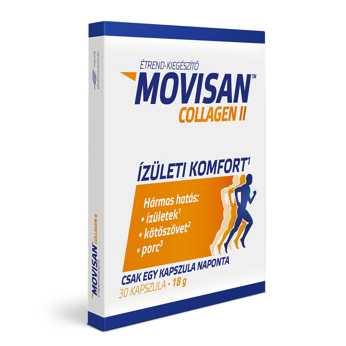 Natural Pharmaceuticals Movisan™ Collagen II A Movisan™ Collagen II étrend-kiegészítő csomagolása. Az előlapon az áll, hogy „Ízületi Komfort”, és azt állítja, hogy hármas hatást fejt ki: az ízületekre, a kötőszövetekre és a porcokra.