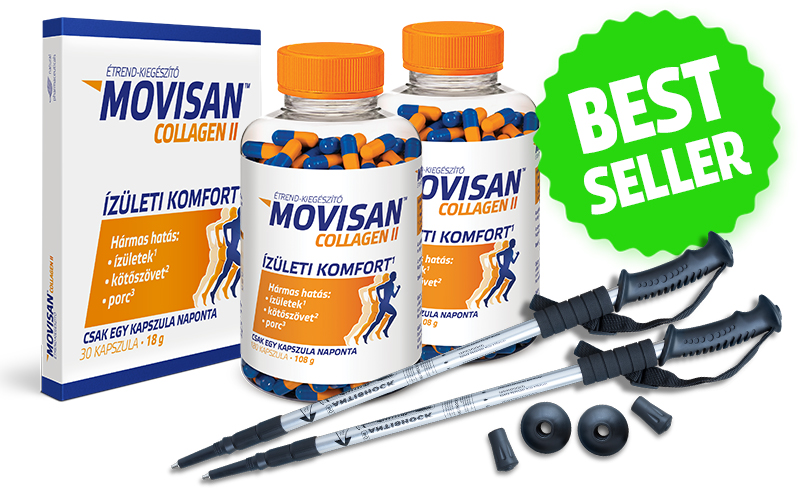 Natural Pharmaceuticals Movisan™ Collagen II Movisan™ Collagen II étrend-kiegészítő készlet, zöld „BEST SELLER” jelvénnyel ellátva. A készlet tartalmaz egy kartondobozt, két kapszulás flakont (kék és narancssárga), valamint egy készlet túrabotot tartozékokkal.