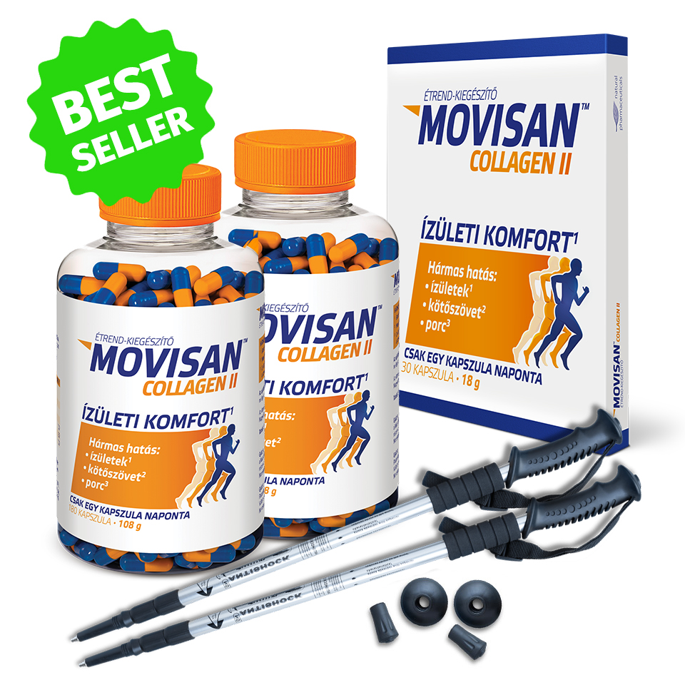 Natural Pharmaceuticals Movisan™ Collagen II Movisan™ Collagen II étrend-kiegészítő készlet, zöld „BEST SELLER” címkével jelölve. A készlet a következőket tartalmazza: két kapszulás flakon (kék és narancssárga), egy kartondoboz és egy készlet Nordic walking botok cserélhető hegyekkel.