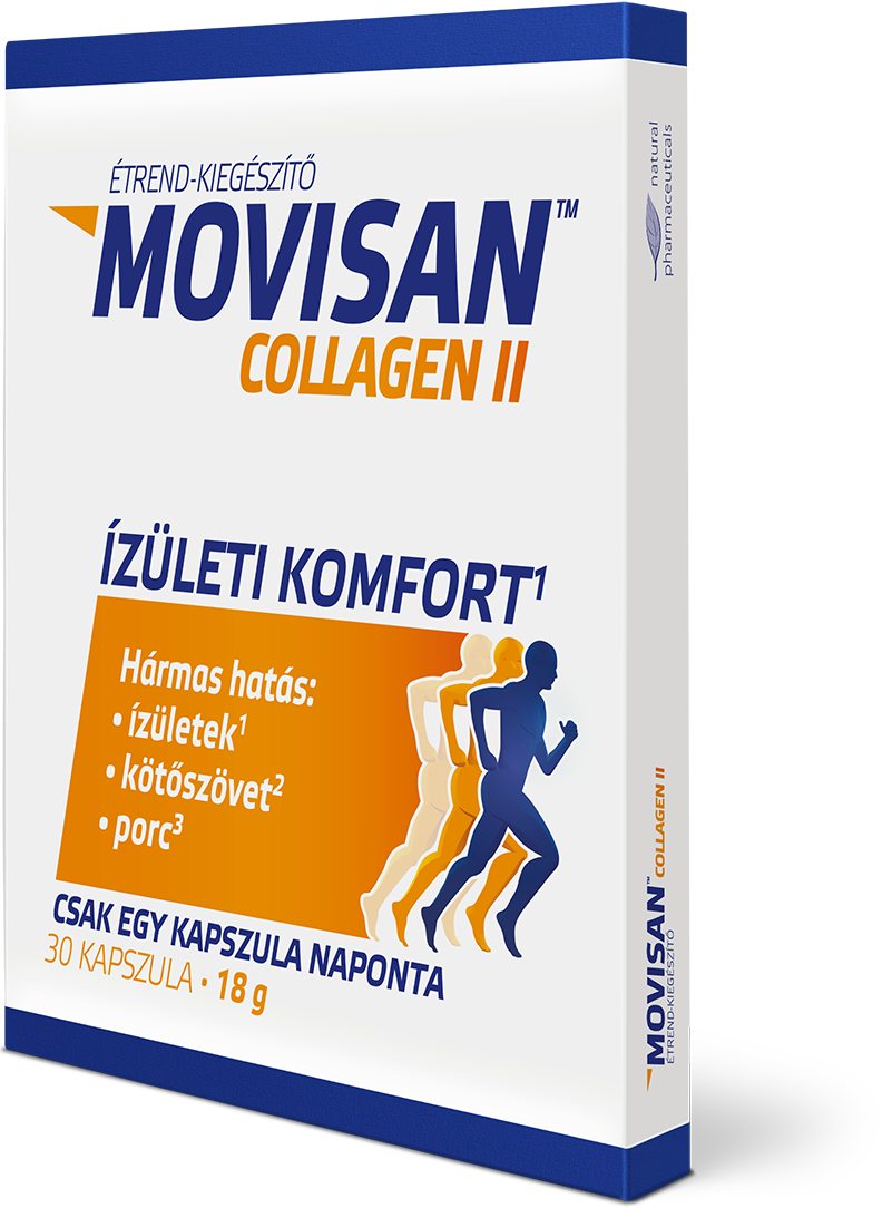 Natural Pharmaceuticals Movisan™ Collagen II A Movisan™ Collagen II étrend-kiegészítő csomagolása. Az előlapon az „Ízületi komfort” felirat olvasható, és hármas hatást állít: az ízületekre, a kötőszövetekre és a porcokra.