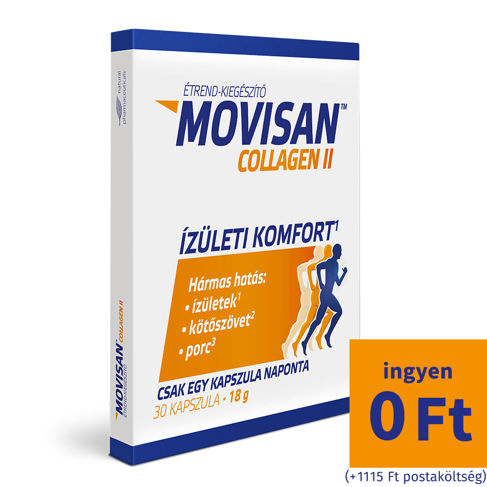 Natural Pharmaceuticals Movisan™ Collagen II AMovisan™ Collagen II étrend-kiegészítő csomagolása a jobb alsó sarokban az ingyenes promóciós ajánlatra utaló narancssárga „ingyen 0 Ft” felirattal (a „+1 115 Ft postaköltség”, azaz a postaköltség megjegyzéssel).