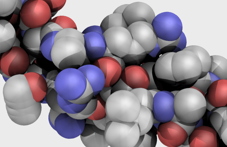 Natural Pharmaceuticals Movisan™ Collagen II Peptidlánc 3D molekuláris modellje, ahol a gömbök atomokat és kémiai kötéseket ábrázolnak.
