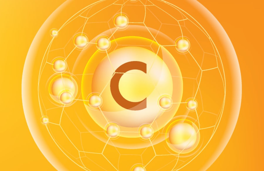 Natural Pharmaceuticals Movisan™ Collagen II Narancssárga háttéren a C-vitamin molekuláris szerkezetének stilizált ábrája fénylő gömbökkel és hálózattal.